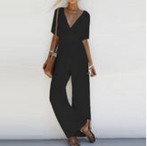 Women Jumpsuit Romper Short Sleeve V Neck Casual Playsuit Overalls Ladies Wide Leg Loose White Black Pink Playsuit Solid Jersey